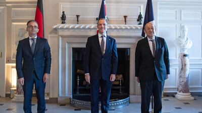 Iranian sanctions were discussed at the meeting between (left-right) German Foreign Minister Heiko Maas, Britain's Foreign Secretary Dominic Raab and French Foreign Minister Jean-Yves le Drian. WPA/pool