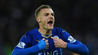 Leicester City's Jamie Vardy shown after scoring against Manchester United last weekend in the Premier League. Laurence Griffiths / Getty Images / November 28, 2015