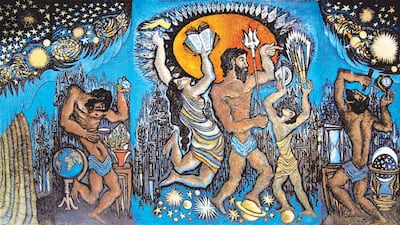 'Conquerers', 9 x 4.5 metres, oil on board, 1982, by Sadequain.