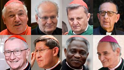 Leading candidates to succeed Pope Francis (left to right on each row): Cardinal Jean-Marc Aveline (France), Cardinal Peter Erdo (Hungary), Cardinal Mario Grech (Malta), Cardinal Juan Jose Omella (Spain), Cardinal Pietro Parolin (Italy), Cardinal Luis Antonio Gokim Tagle (Philippines), Cardinal Peter Kodwo Appiah Turkson (Ghana), and Cardinal Matteo Maria Zuppi (Italy)