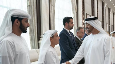 Sheikh Mohamed bin Zayed receives Special Olympics sponsors during an iftar reception at Al Bateen Palace. Eissa Al Hammadi for the Ministry of Presidential Affairs