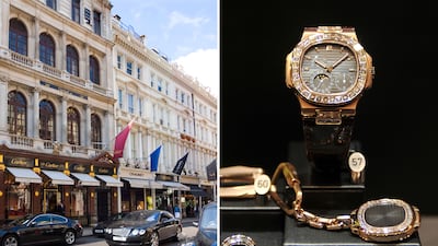 The gang operated in Mayfair, left, and other central London areas, snatching watches by brands including Patek Philippe, right. Alamy / Getty Images