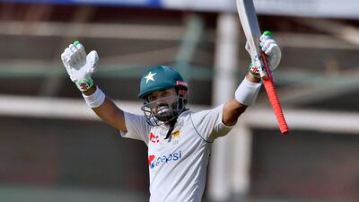 Pakistan's Mohammad Rizwan celebrates after completing 50 runs on the fifth day of the second Test. AP