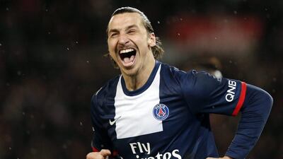 Zlatan Ibrahimovic celebrates after his first goal on Tuesday . Christophe Karaba / EPA