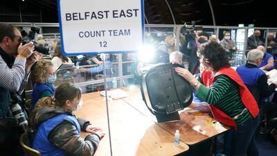 Election staff begin to count votes in Belfast after the Northern Ireland Assembly election. AP