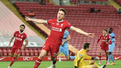Liverpool's Portuguese striker Diogo Jota celebrates scoring his team's second goal. EPA
