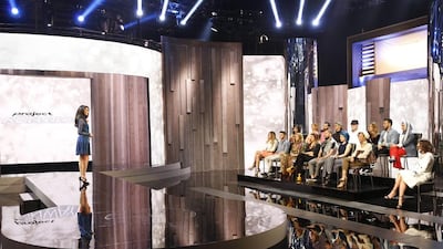 Host Jessica Kahawaty talks to contestants on Project Runway Middle East. Courtesy MBC