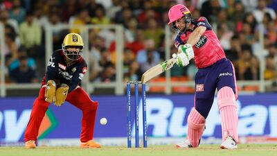 Jos Buttler of Rajasthan Royals scored an unbeaten century against Royal Challengers Bangalore at the Narendra Modi Stadium in Ahmedabad on Friday, May 27, 2022. Sportzpics for IPL