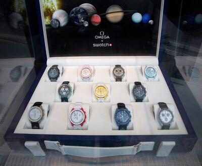 The Swiss X Omega Bioceramic Moonswatch collection in a commemorative case, in Zurich, Switzerland. Reuters