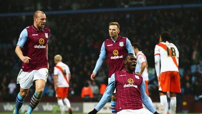 Christian Benteke of Aston Villa celebrates scoring the opening goal in his side's 1-0 FA Cup third round win over Blackpool on Sunday. Matthew Lewis / Getty Images