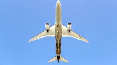 An Etihad aircraft is shown in the air over Beirut, Lebanon. AFP