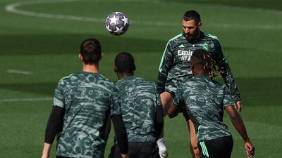 Real Madrid's Karim Benzema during a training session in Valdebebas on the eve of their Champions League last 16 second leg against Liverpool. AFP