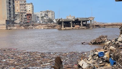 Parts of the collapsed bridge of the Derna Valley following the devastating floods caused by Storm Daniel. Ismaeel Naar / The National