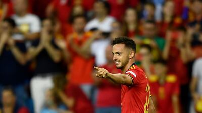 Spain's Pablo Sarabia celebrates after scoring his side's second goal. AP Photo