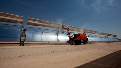 Madinat Zayed, United Arab Emirates, February 27, 2013: Shams 1 solar power station near Madinat Zayed on February 27, 2013. The power station is capable of generating 100 megawatts (MW) of power, approximately enough to power 20,000 homes, which makes it among the largest parabolic trough stations in the world. Christopher Pike / The National
