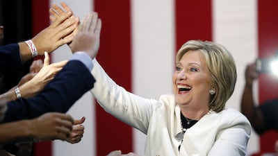 Democratic presidential candidate Hillary Clinton reacts to supporters as she arrives to address supporters at her Super Tuesday election night rally in Miami, on March 1, 2016. Gerald Herbert/AP Photo