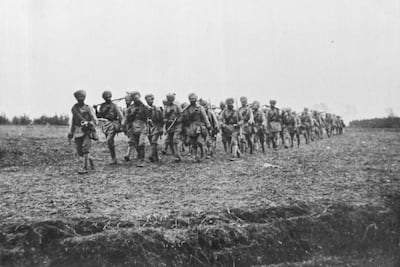 The 129th Baluchis regiment marching to the trenches near Hollebeke Chateau in October 1914. Getty images