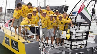 New Zealand rugby legends Richie McCaw and Dan Carter with the Abu Dhabi Ocean Racing team aboard Azzam in Auckland, New Zealand. Photo Courtesy / Ian Roman / Abu Dhabi Ocean Racing