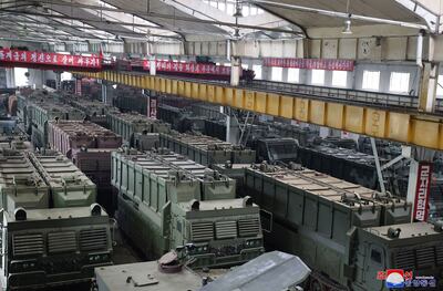 Transport launchers for tactical missiles in a munitions factory at an undisclosed location in North Korea. AFP