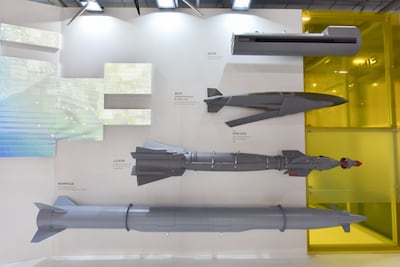 The Rampage missile, bottom, on display during the Farnborough International Airshow last year. Getty