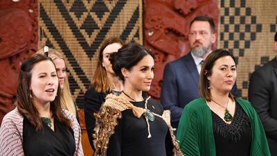 Meghan, Duchess of Sussex, wears Stella McCartney and a traditional korowai at the Te Papaiouru Marae on October 31, 2018 in Rotorua, New Zealand. Getty