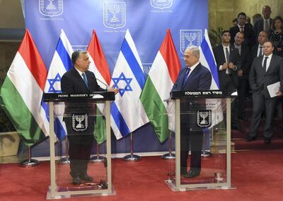 Hungarian Prime Minister Viktor Orban speaks during a joint statment with Israeli Prime Minister Benjamin Netanyahu in Jerusalem, July 19, 2018. Reuters