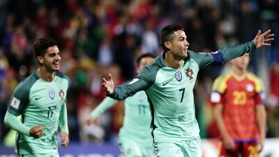 Cristiano Ronaldo celebrates after scoring the opening goal for Portugal in the 2018 World Cup qualifier against Andorra. Jose Coelho / EPA