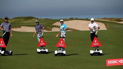 Golfers Henrik Stenson, Jordan Spieth, Rickie Fowler and Rory McIlroy shown at Saadiyat Beach Golf Club on Tuesday. Matthew Lewis / Getty Images / January 19, 2016