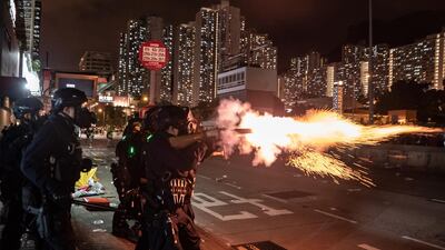 Riot police fire tear gas at protesters during a demonstration in Wong Tai Sin District on August 5, 2019 in Hong Kong, China. Getty