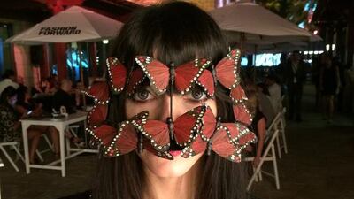 Designer & actress Abeer Mohammed wears a butterfly burqa to Fashion Forward (Photo by Rebecca McLaughlin-Duane)