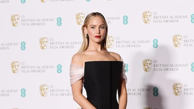Jennifer Lawrence, wearing Dior, backstage at the British Academy Film Awards on February 18, 2018. EPA