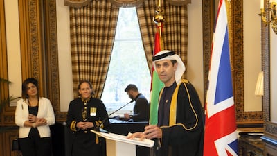 His Excellency Mansoor Abulhoul following his visit with Her Majesty The Queen at Buckingham Palace for the presentation of diplomatic credentials; seen here presenting to diplomats and other honoured VIP guests at the Lanesborough Hotel in central London where the reception of HE Mansoor Abulhoul's Vin d'honneur took place in the St George room