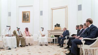 Sheikh Mohammed bin Zayed, Crown Prince of Abu Dhabi and Deputy Supreme Commander of the UAE Armed Forces (fourth left), meets Vladimir Putin, President of Russia (fifth right), at the Kremlin. Seen with Khaldoon Khalifa Al Mubarak, CEO and Managing Director Mubadala, Chairman of the Abu Dhabi Executive Affairs Authority and Abu Dhabi Executive Council Member (left), Dr Anwar Gargash, UAE Minister of State for Foreign Affairs (second left), Sheikh Tahnoon bin Zayed, UAE National Security Advisor (third left), Sergey Lavrov Minister of Foreign Affairs of Russia (third right) and Denis Manturov, Minister of Industry and Trade of Russia (right). Rashed Al Mansoori / Crown Prince Court - Abu Dhabi