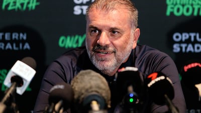 Tottneham manager Ange Postecoglou speaks to reporters in Perth ahead of their pre-season match against West Ham United at the WACA. EPA