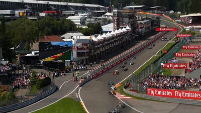 Formula One leader Lewis Hamilton of Mercedes gets ahead of the field at the start of Sunday's Belgian Grand Prix. Paul Gilham / Getty Images