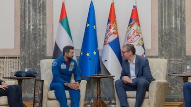 Dr Sultan Al Neyadi, Minister of State for Youth, and Serbian President Aleksandar Vucic in Belgrade. Photo: Wam