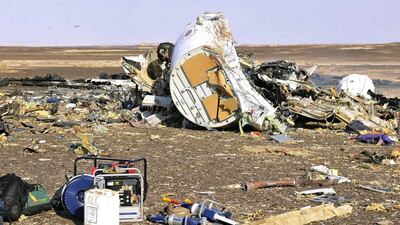 Debris from crashed the Russian jet lies strewn across the sand at the site of the crash in Sinai, Egypt. The Egyptian government dispatched more than 45 ambulances to the crash site after the jet disappeared from radar after requesting an emergency landing. The black box has been recovered at the site. EPA