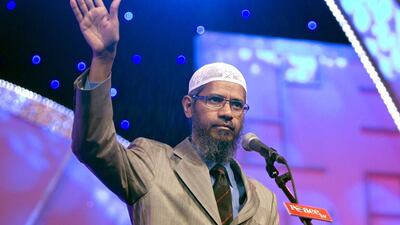 Zakir Naik speaks at the Dubai Airport Expo Centre on August 27, 2009. Jeff Topping / The National