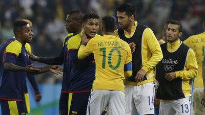 Brazil’s Neymar, 10, argues with Colombia’s Teofilo Gutierrez during a quarter-final match of the men’s Olympic football tournament between Brazil and Colombia in Sao Paulo, Brazil, Saturday August 13, 2016. Leo Correa / AP Photo