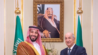 Saudi Arabia's Crown Prince Mohammed bin Salman meets with Algeria's President Abdelmadjid Tebboune in Riyadh. Courtesy of Saudi Royal Court, HO
