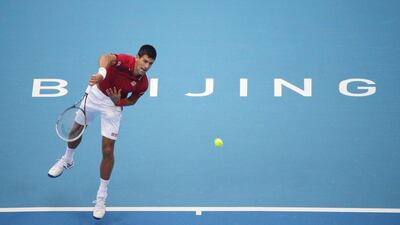 Novak Djokovic serves during his semi-final victory over Andy Murray at the ATP China Open on Saturday in Beijing. How Hwee Young / EPA / October 4, 2014