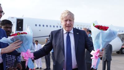 British Prime Minister Boris Johnson arrives at Sarda Vallabhbhai Patel International Airport in Ahmedabad, India. Getty Images