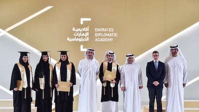 Sheikh Abdullah bin Zayed, Minister of Foreign Affairs and International Cooperation, with graduates from the Emirates Diplomatic Academcy. Wam