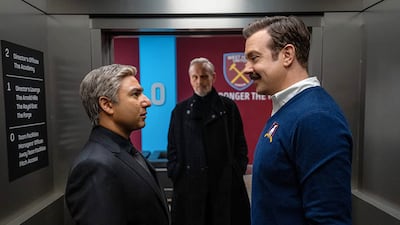 Nick Mohammed, Anthony Head and Jason Sudeikis in Ted Lasso. Photo: Apple TV+