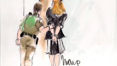 Lindsay Lohan is led from court in handcuffs, giving a flash of red on her Louboutins, caught by the courtroom artist Mona Shafer Edwards.