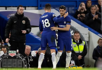 Olivier Giroud, centre, and Alvaro Morata are Chelsea's two striker options but Antonio Conte may choose to use Eden Hazard again in the No 9 role. Matt Dunham / AP Photo