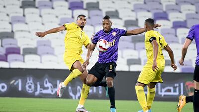 Kodjo Laba, centre, scored twice in Al Ain’s 3-2 win over Al Wasl in the Adnoc Pro League at the Hazza bin Zayed stadium on Tuesday, April 5, 2022. - PLC