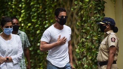 Bollywood star Shah Rukh Khan arrives to pay his respects at the residence of Indian actor Dilip Kumar, after he died at the age of 98 in Mumbai on July 7, 2021.