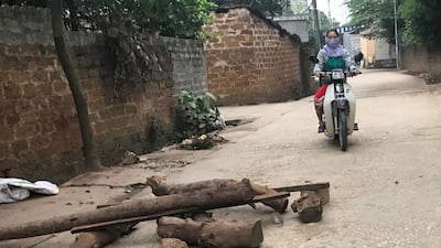 A woman riding a motorcycle along an alley with loose rocks and logs placed by villagers in My Duc district on the outskirts of Hanoi on April 20, 2017. A group of Vietnamese farmers who took more than a dozen police and officials hostage over a land dispute have sealed off their village. AFP