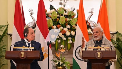 India’s Prime Minister Narendra Modi during a joint media briefing with Egypt’s President at Hyderabad House in New Delhi on Wednesday. AFP